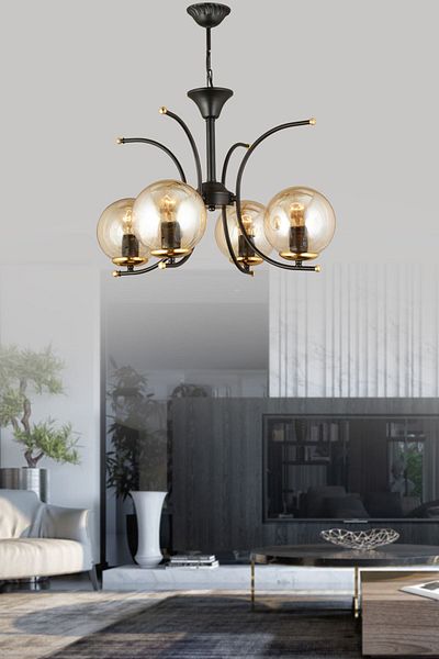 SONSUZ AYDINLATMA&AVİZE Fairy Black 4-Piece Honey Globe Glass Upward Facing Modern Luxury Chandelier