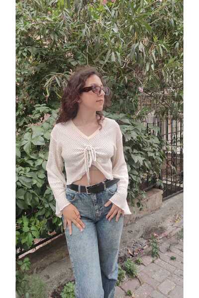 AROKA Crop Pamuklu File Önü Bağcıklı İspanyol Kol