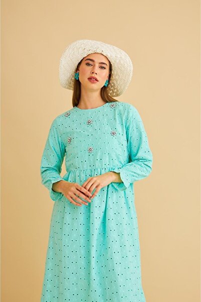 Basicpark Hesna Stone Embroidered Skirt Ruffle Oversize Mint Brode Dress