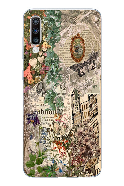 moonset Samsung Galaxy A70 Uyumlu Çiçek Kolaj Tasarımlı Baskılı Şeffaf Telefo...