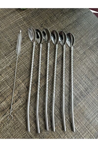 DİBA AVM 22 Cm Wide 7 Piece Stainless Chrome Cocktail Set - Latte and Cleaning Brush with Straw
