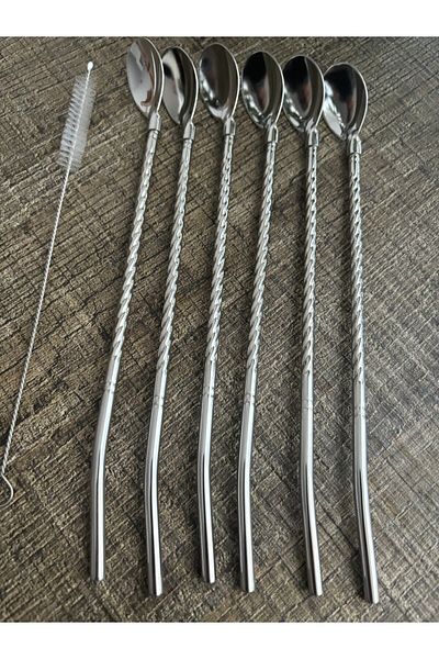 DİBA AVM 22 Cm Wide 7 Piece Stainless Chrome Cocktail Set - Latte and Cleaning Brush with Straw
