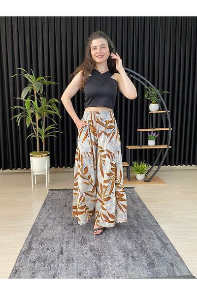 ESPOİRPLUS Mustard Leaf Patterned - Lycra Woven Women's Trouser Skirt