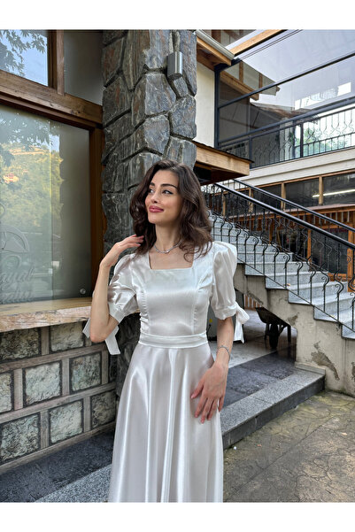 BEYZATURAN Λευκό σατέν φόρεμα όνειρο