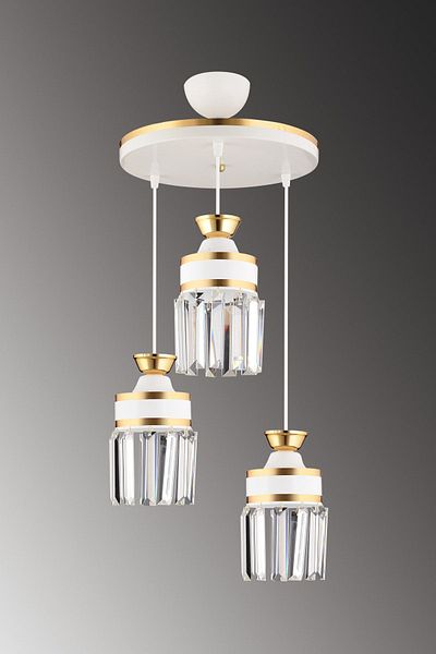 KARDELEN AYDINLATMA AVİZE Nairobi 3-Piece White Pendant Lamp with Crystal Stone and Yellow Strip Cylinder Downward Facing Luxury Chandelier