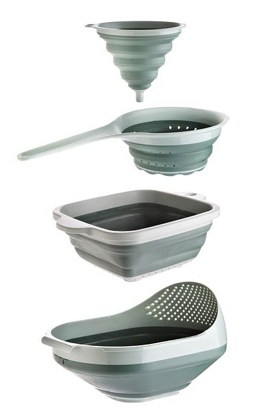 Vienev 4 Piece Accordion Strainer Set - Dowry Set 1x (FUNNEL, HANDLE STRAINER, SQUARE STRAINER, RICE STRAINER) Green