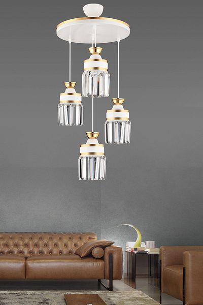 KARDELEN AYDINLATMA AVİZE Nairobi 4-Piece White Pendant Lamp with Crystal Stones and Yellow Strip Cylinder Downward Facing Luxury Chandelier