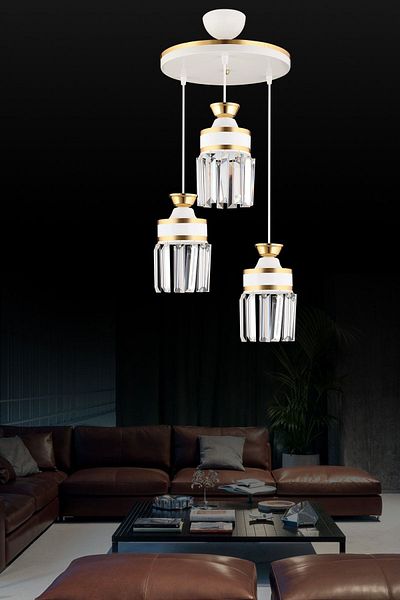 KARDELEN AYDINLATMA AVİZE Nairobi 3-Piece White Pendant Lamp with Crystal Stone and Yellow Strip Cylinder Downward Facing Luxury Chandelier