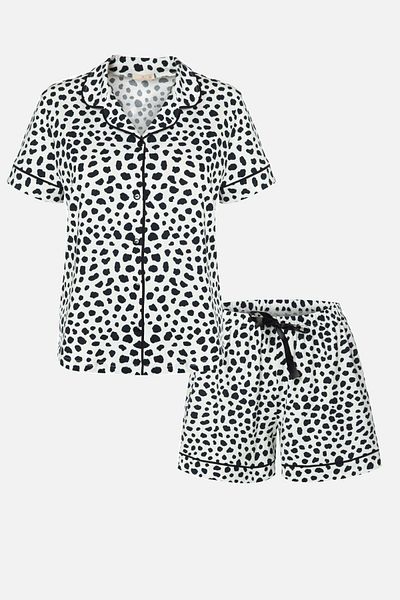 koza iç giyim Women's Cotton Dalmatian Patterned Shirt Collar Shorts Pajamas Set