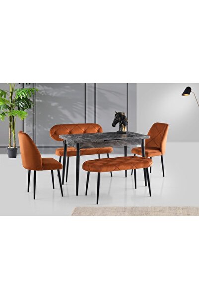 Levent Mobilya Aksesuar Ay Masa Ve Sandalye Bench Takımı, Kiremit Siyah, 120x70