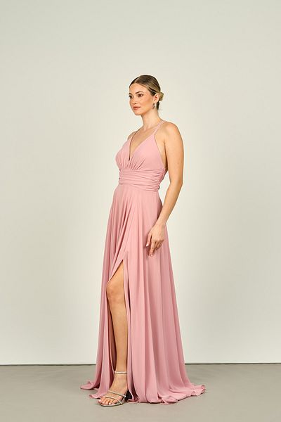 DORİDORCA Doridorca 5046 Model Long Evening Dress - Κορδόνια και λεπτομέρεια στην πλάτη, πούδρα