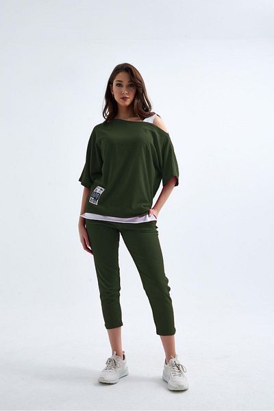 leilas Women's New Season Green Color Narrow Leg Embroidered Wrap Fabric Set
