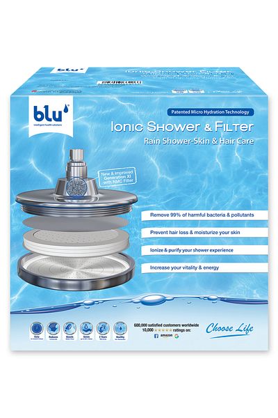 Blu Intelligent Health Solutions blu Ionic Shower Filter - Rain Shower - Removes Chlorine & Harmful Pollutants - Chrome