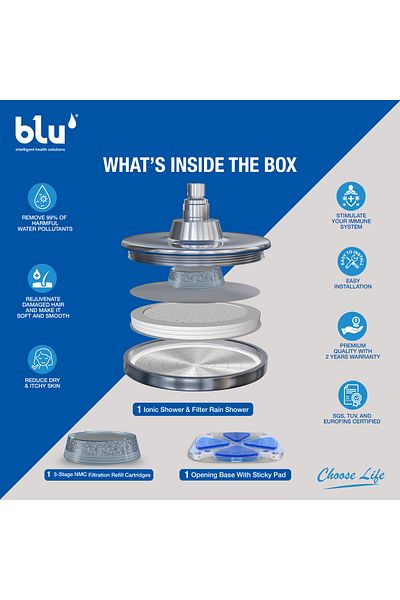 Blu Intelligent Health Solutions blu Ionic Shower Filter - Rain Shower - Removes Chlorine & Harmful Pollutants - Chrome
