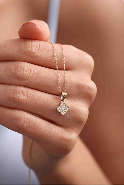 Gianfranco 14 Ayar Altın Orta Boy Taşlı Yonca Kolye