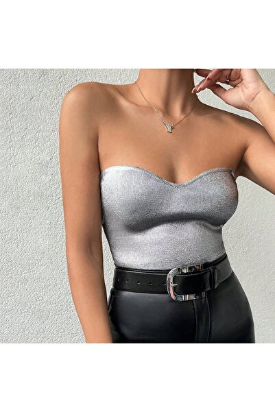 ATEMODAA Γυναικείο Crop Top Güllüklü, Ασημί από το φύλλο με τύπωμα