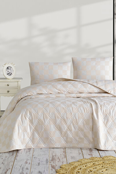 Enlora Home Kareli Saten Çok Amaçlı Örtü Çift Kişilik Bej