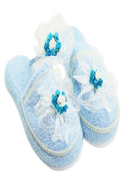 Kazanabil Blue Lohusa Slippers and Crown Set with Paper Rose Decoration on Lace