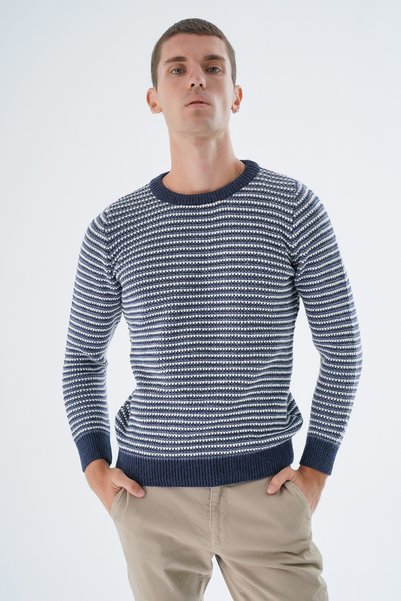 Trist Star Men's Navy Blue Crew Neck Brass Thessaloniki Nopen Striped 4-Color Wool Knitwear Knitted Sweater