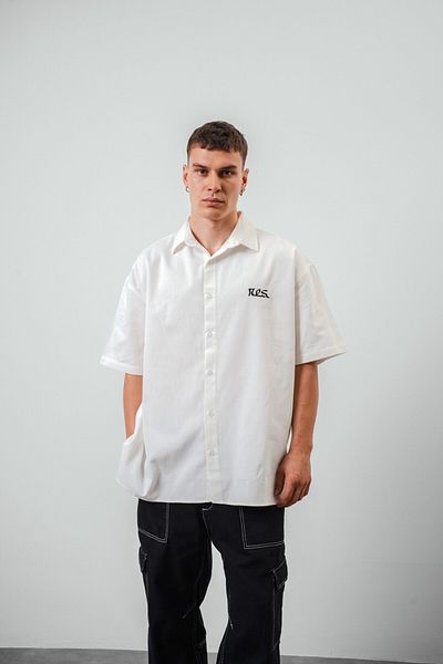 Respire Ecru Color Oversize Men's Shirt - Short Sleeve and Text Detail