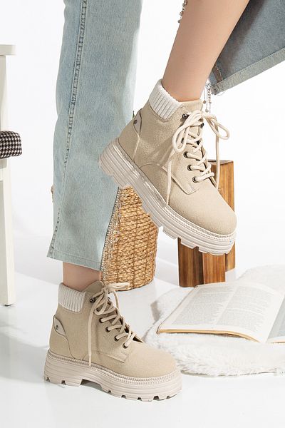 Mc vay Shoes Γυναικείες μπότες Cess Cream Cat με λεπτομέρεια με δαντέλα