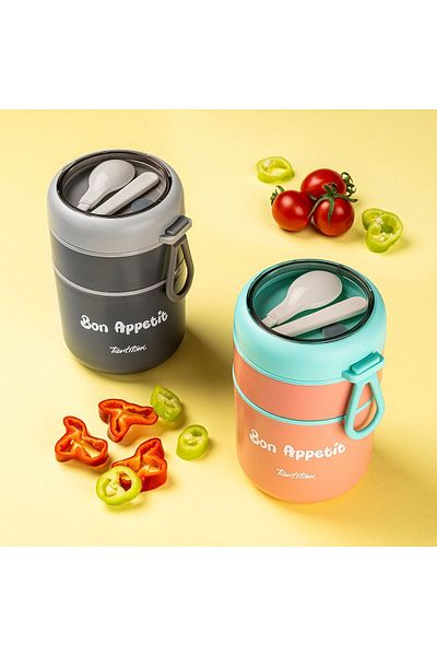 Tantitoni 036-01-Tantıtonı Stainless Steel Round - 2 Layer Fume-grey Plastic Food Carrying Container with Spoon 710ML