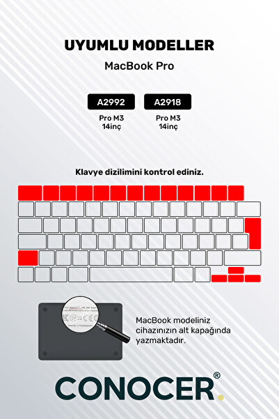 CONOCER MacBook Pro 14 Inc M3 (A2992) / 14 Inc M3 (A2918) ile Uyumlu Türkçe Q Klavye Klavye Koruyucu