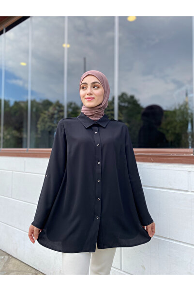 JALİA KADIN İnce Dokuma Kumaş Çıtçıt Kapamalı Kol Apoletli Siyah Gömlek-6027-a