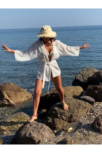 BEACHTALK Ripped Keten Kumaştan Kuşaklı Kısa Kimono