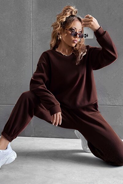 YAKAMEL Kadın Bisiklet Yaka İçi Şardonlu KAHVE 3 İplik Eşofman Takımı