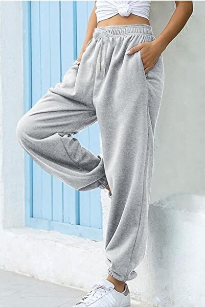 YAKAMEL بنطال رياضي رمادي/رمادي للنساء