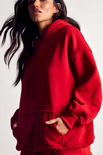 YAKAMEL Women's Red Hoodie Puff Inside 3 Thread Raster Cotton Tracksuit Set w...