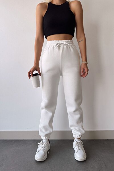 CMZ COLLECTİON Γυναικείο ΛΕΥΚΟ Ψηλόμεσο Παντελόνι Jogger με Ελαστική Μέση με ...