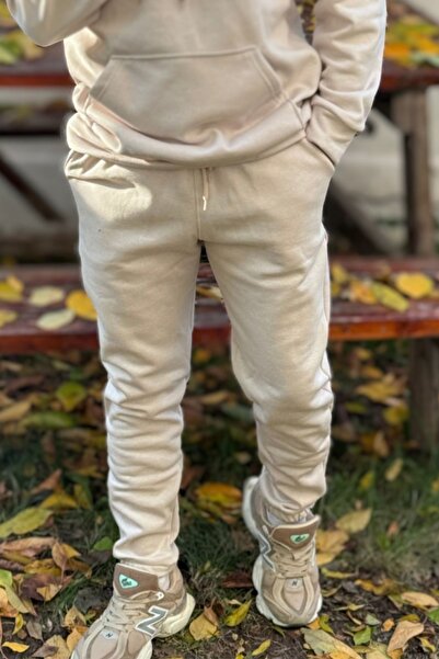 YAKAMEL Ανδρικό μπεζ unisex παντελόνι φόρμας jogger με 3 κλωστές, χοντρό, χει...