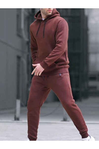 YAKAMEL Men's 3 Thread Dark Brown Pırate Tracksuit Set