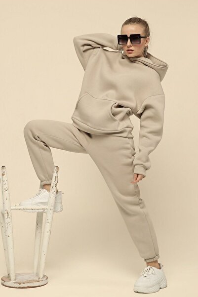 YAKAMEL Women's Beige Hoodie Puff Inside 3 Thread Raised Cotton Tracksuit Set...