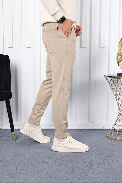 YAKAMEL High Waist Pocket Stretch Fabric - Beige Slim Fit Men's Fabric Trousers