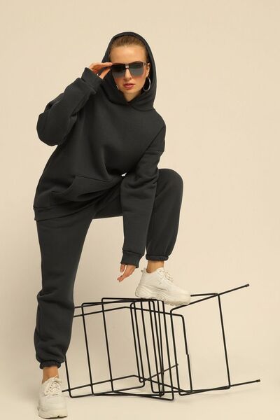 YAKAMEL Γυναικείο μαύρο σετ φόρμας με κουκούλα, από βαμβάκι 3 κλωστών, με ελα...