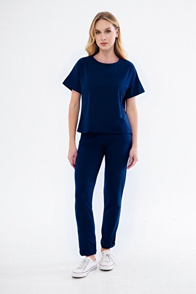 YAKAMEL Kadın Lacivert Batik Kısa Kollu Penye Yazlık Salaş Dökümlü Eşofman Ta...