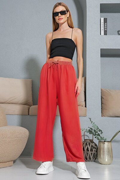YAKAMEL Crvene Elastično Palazzo letnje pantalone - žene