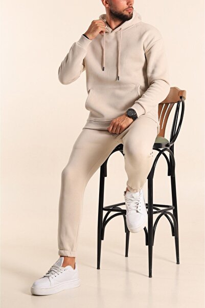YAKAMEL Kapüşonlu Kanguru Cepli Pamuklu Krem Erkek Eşofman Takımı