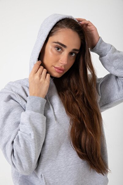 YAKAMEL Gray Melange Women's Fleece Sweatshirt - Hooded and Pocketed, Oversiz...