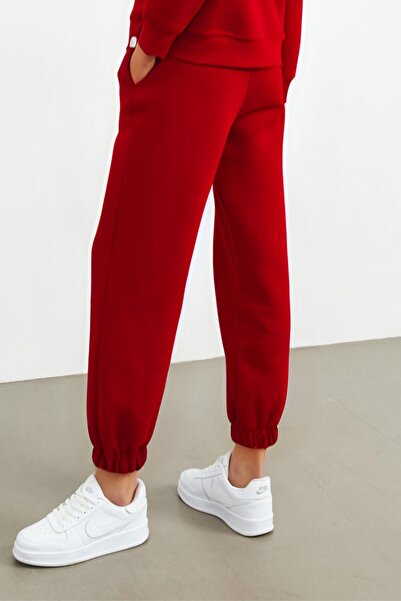 YAKAMEL Γυναικείο κόκκινο παντελόνι τζόγκερ με 3 κλωστές, με τσέπες, ψηλόμεσο...