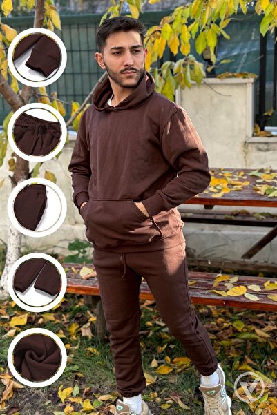 YAKAMEL OB Comfort Hooded Kangaroo Pocket Oversize Elastic Leg Brown Tracksui...