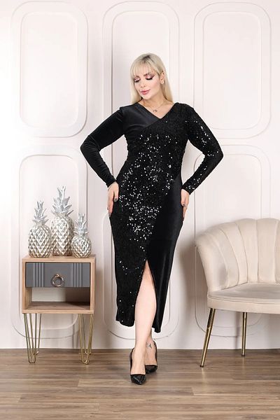 Bersi Butik Women's Plus Size Double Breasted Collar Sequin Blocked Front Slit Stretchy Maxi Evening Dress