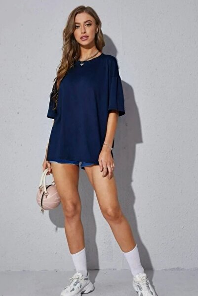 YAKAMEL Navy Blue Tie-Dye Patterned Oversize Women's T-Shirt - Solid Fabric, ...