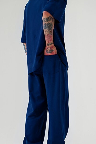 YAKAMEL Erkek Lacivert Batik Oversize T-shirt Ve Eşofman Altı Pijama Takımı