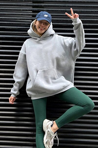 YAKAMEL Kadın Gri Kapüşonlu Şardonlu Oversize Hoodie Sweatshirt OB