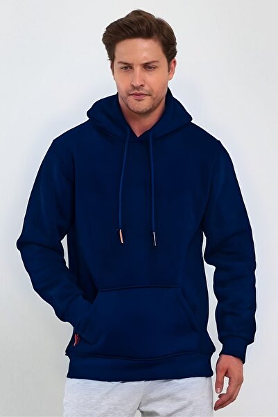 YAKAMEL Unisex Basic Navy Blue Hoodie 3 Thread Oversize Hooded Kangru Pocket ...