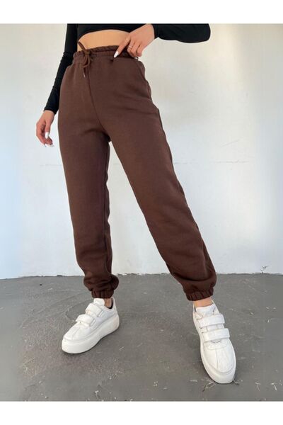 YAKAMEL Unisex Καφέ Χοντρό Πλεκτό Παντελόνι Φόρμας με 3 Κλωστές Basic Jogger